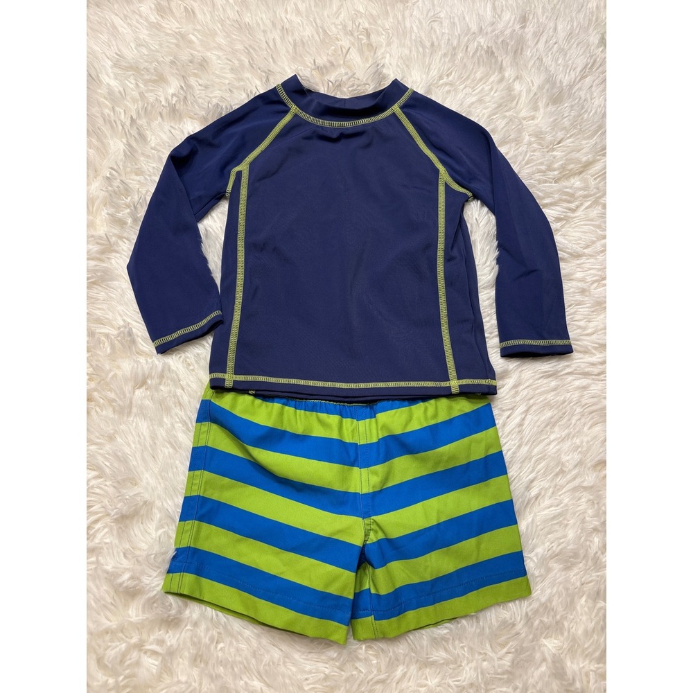 Amazon Essentials Baby Boy Rash Guard and Swim Trunks Set Navy Blue Lime 12M